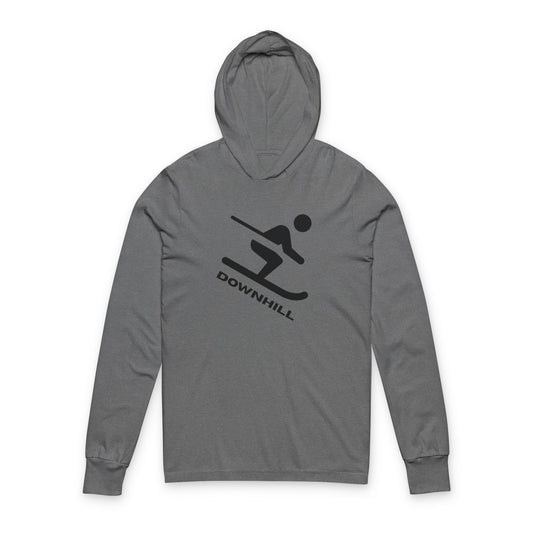 Downhill Ski Hooded Long Sleeve Tee in grey - vintage skier graphic - front view
