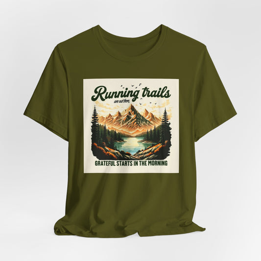 Running in nature t-shirt with mountains trees, and water landscape design