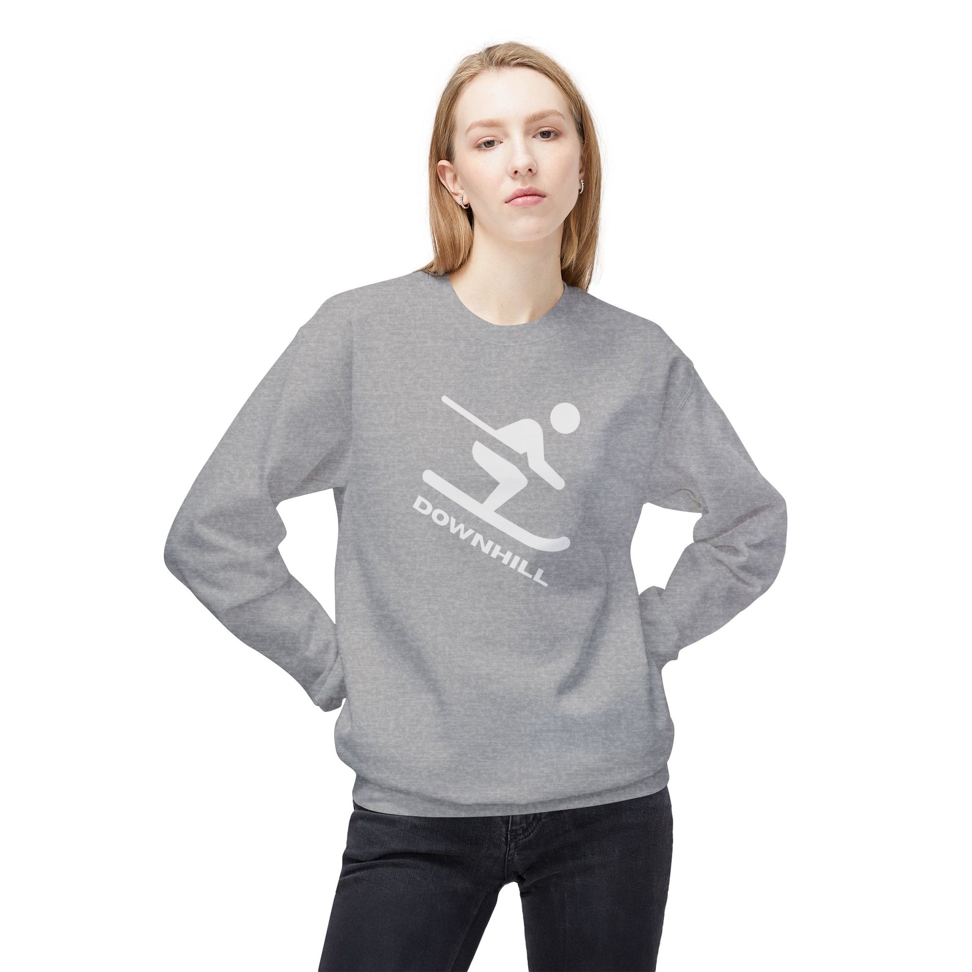 Downhill Ski Cozy Sweatshirt in grey worn by female model - front view