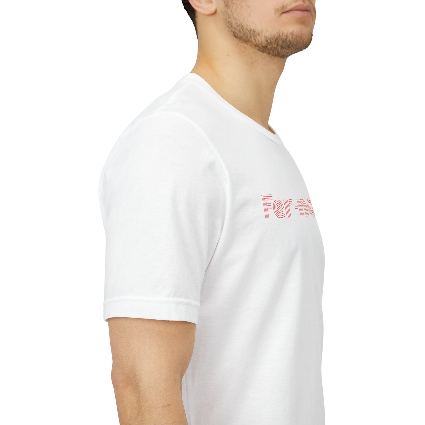 Fernando Legendary white t-shirt with pink graphic worn by male model - side view