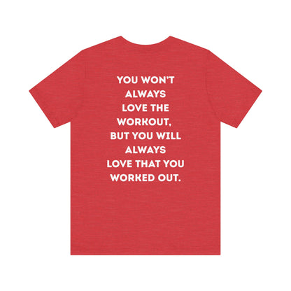 Red t-shirt with white motivational text on a white background
