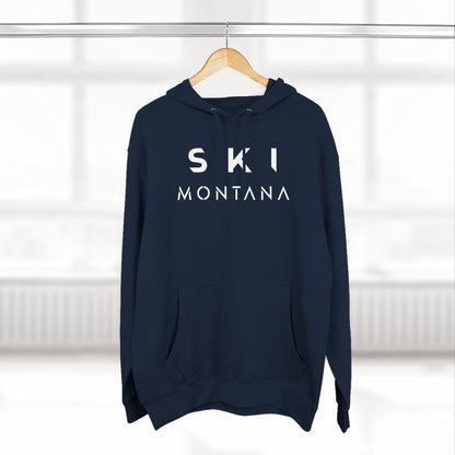 Navy blue hoodie with 'SKI MONTANA' text on a hanger against a white background