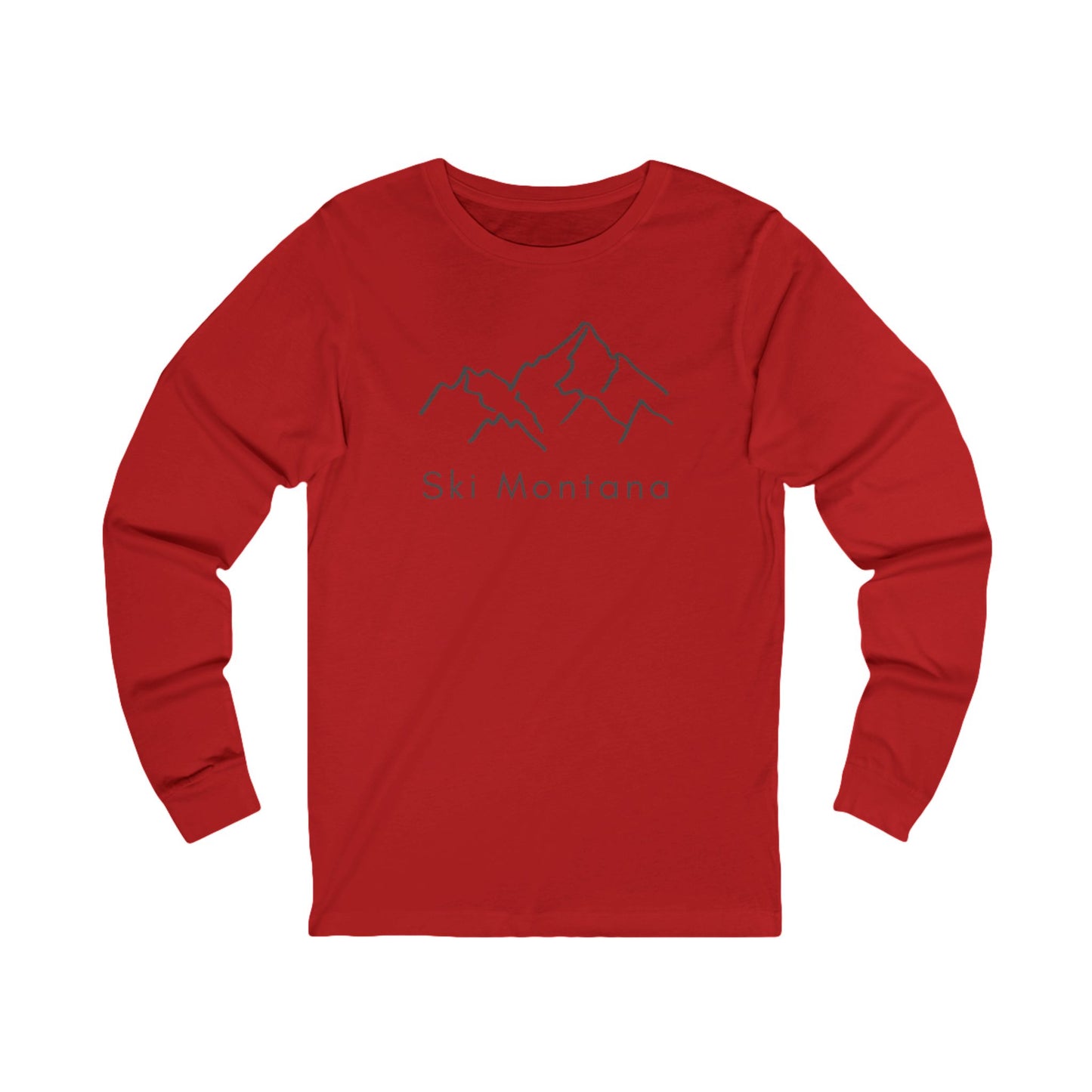 Ski Montana with mountains long-sleeve tee in red - front view