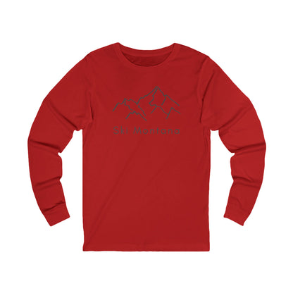 Ski Montana with mountains long-sleeve tee in red - front view