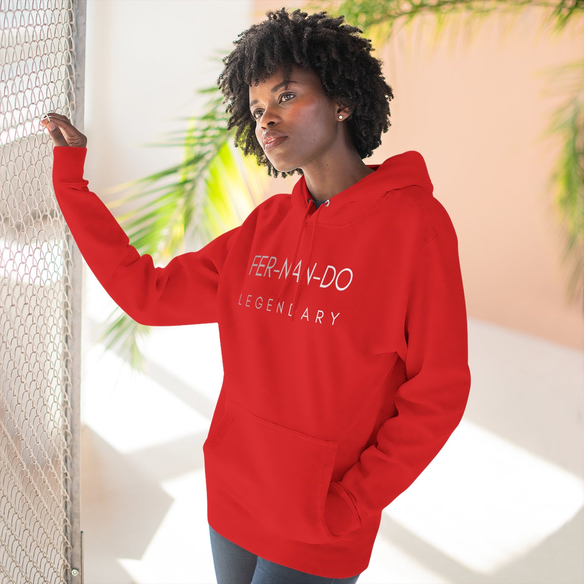 Fernando Legendary red fleece hoodie worn by female model - front view