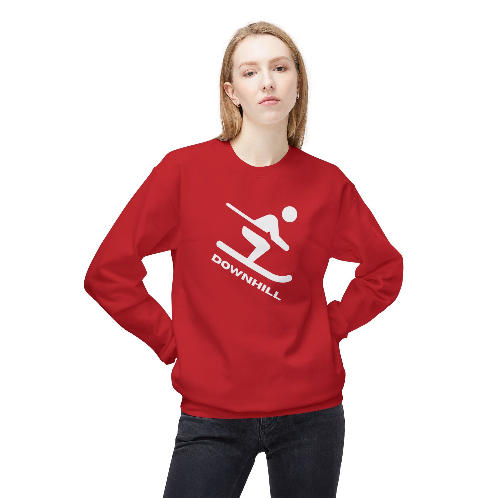 Downhill Ski Cozy Sweatshirt in red worn by female model - front view