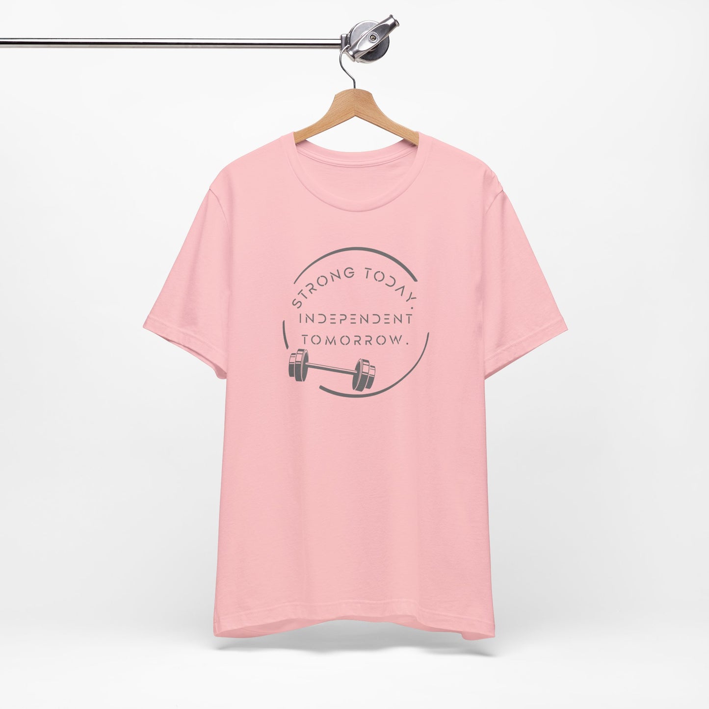 Strong Today, Independent Tomorrow empowerment tee in pink- hanger view