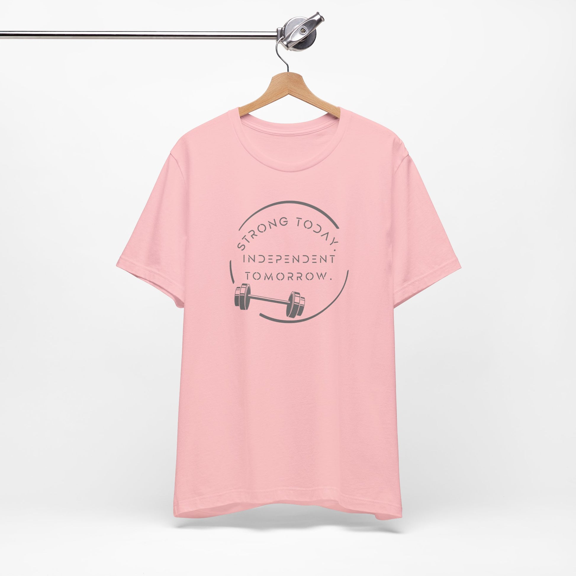 Strong Today, Independent Tomorrow empowerment tee in pink- hanger view