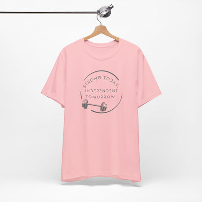 Strong Today, Independent Tomorrow empowerment tee in pink- hanger view