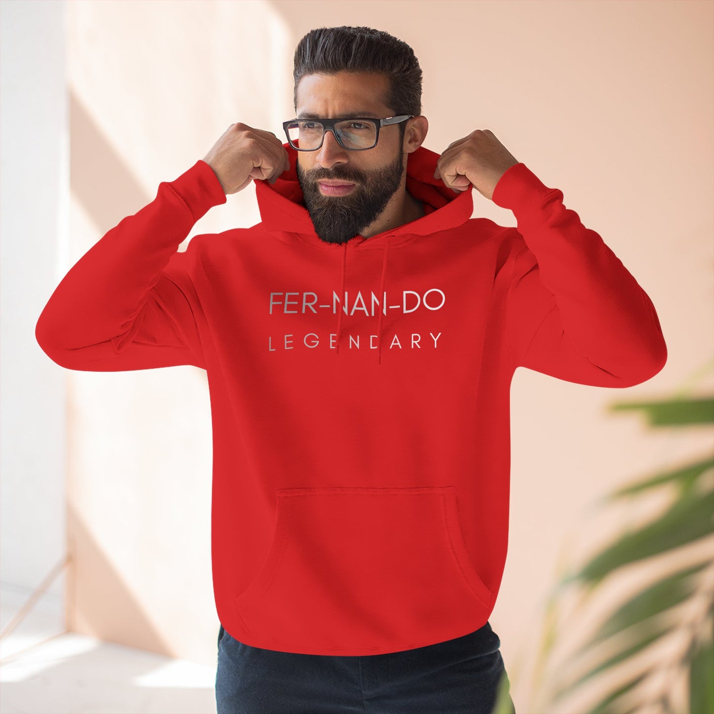 Fernando Legendary red fleece hoodie worn by male model - front view