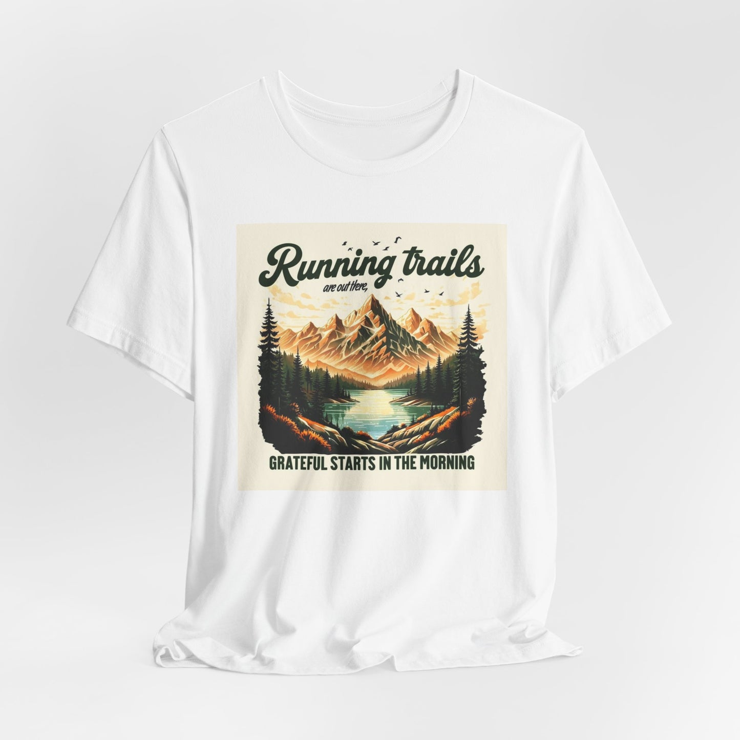 White t-shirt with a nature-themed graphic and text on a white background