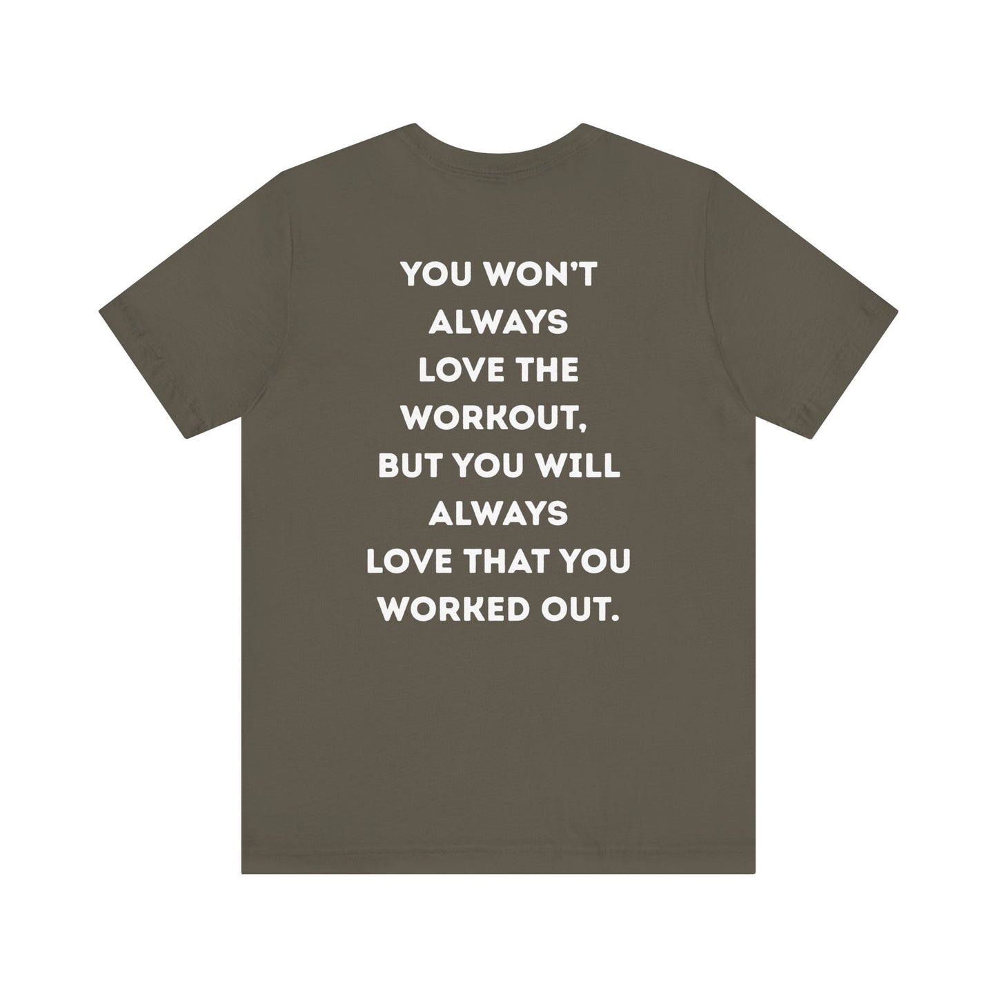 Brown t-shirt with motivational quote on the back against a white background