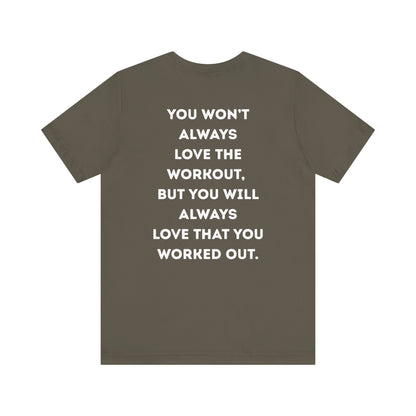 Brown t-shirt with motivational quote on the back against a white background