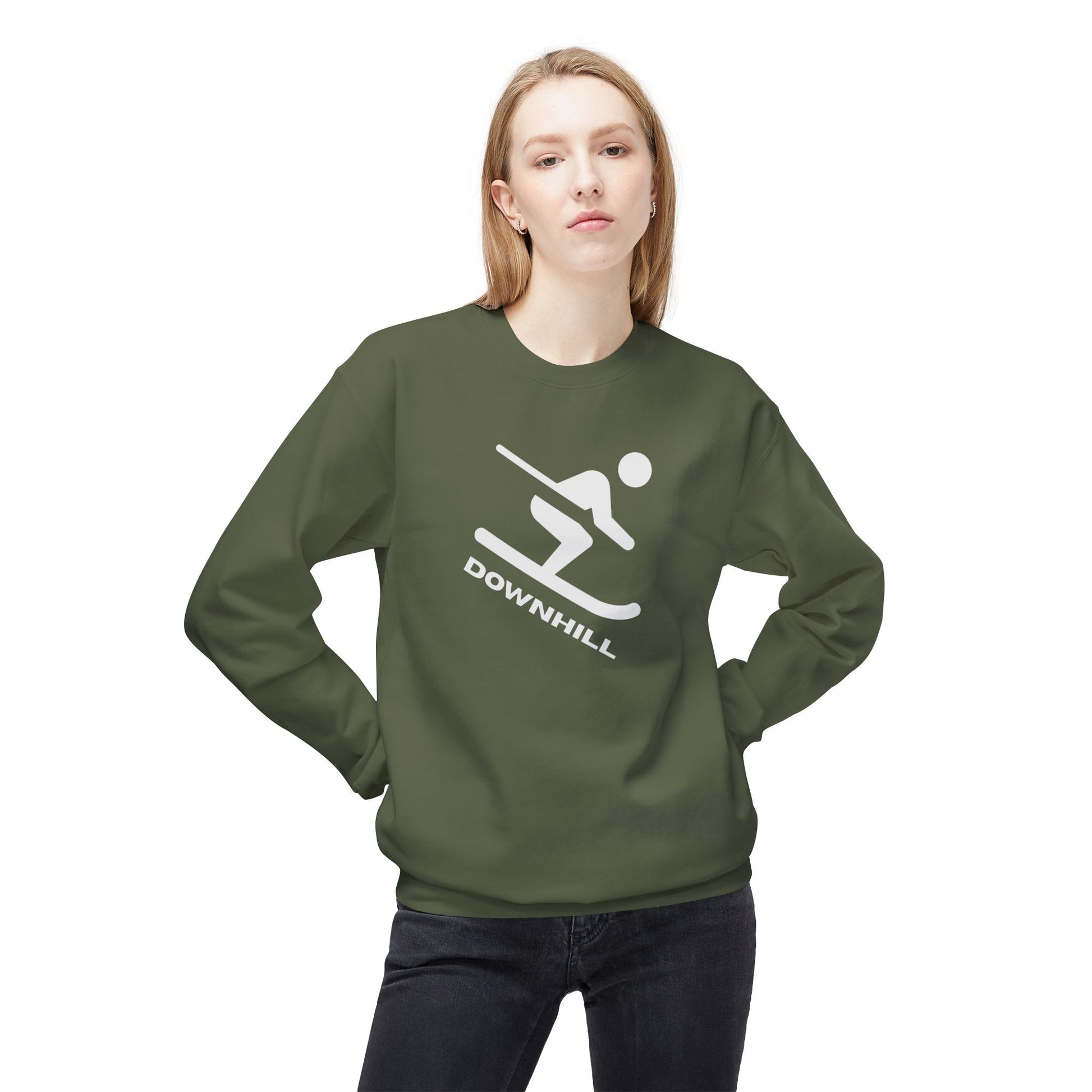 Downhill Ski Cozy Sweatshirt in green worn by female model - front view