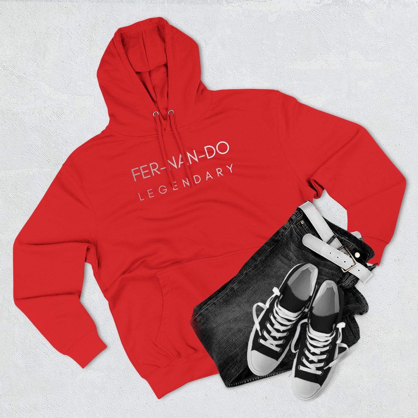 Fernando Legendary red fleece hoodie - styled outfit with jeans and sneaker