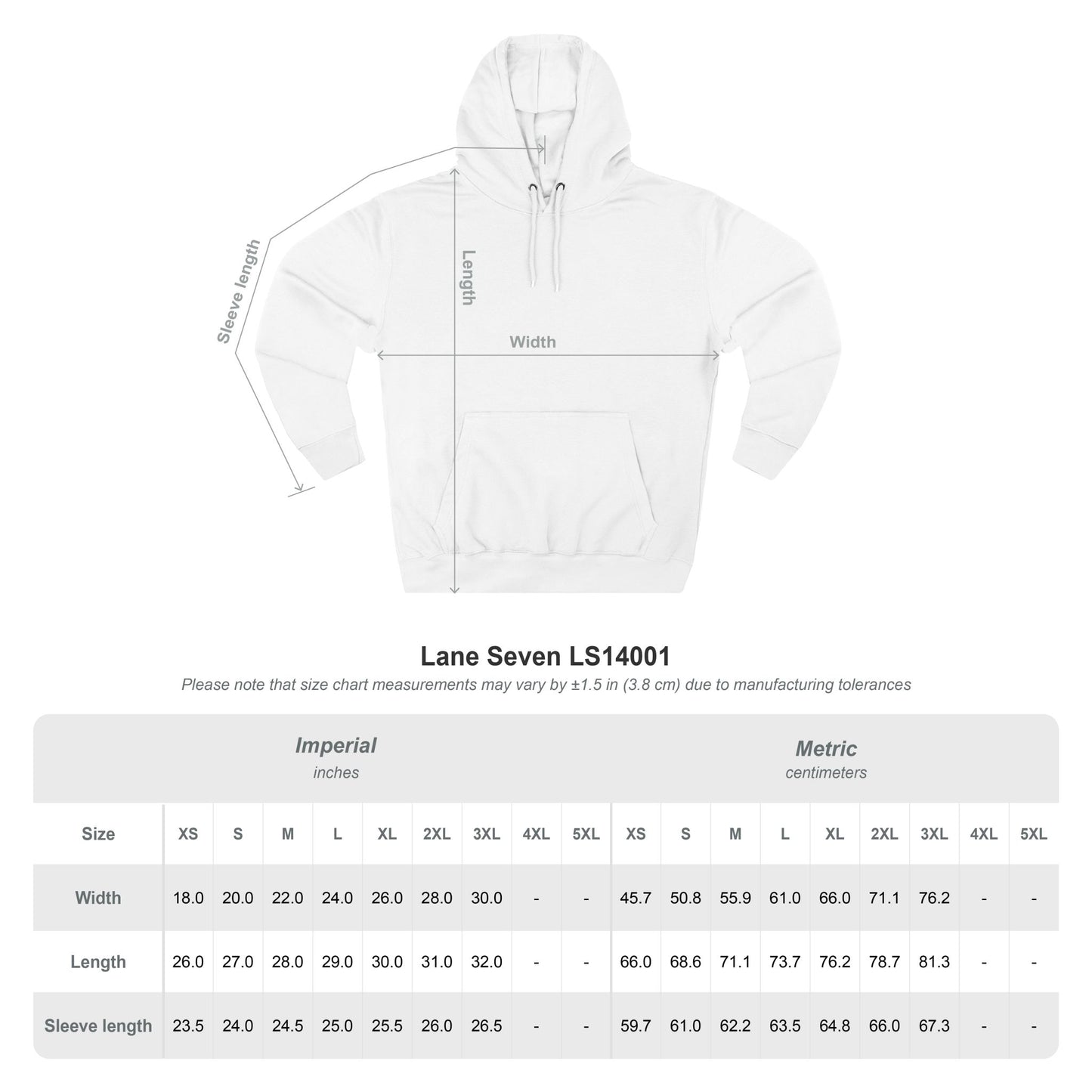 White hoodie with measurement chart on a white background