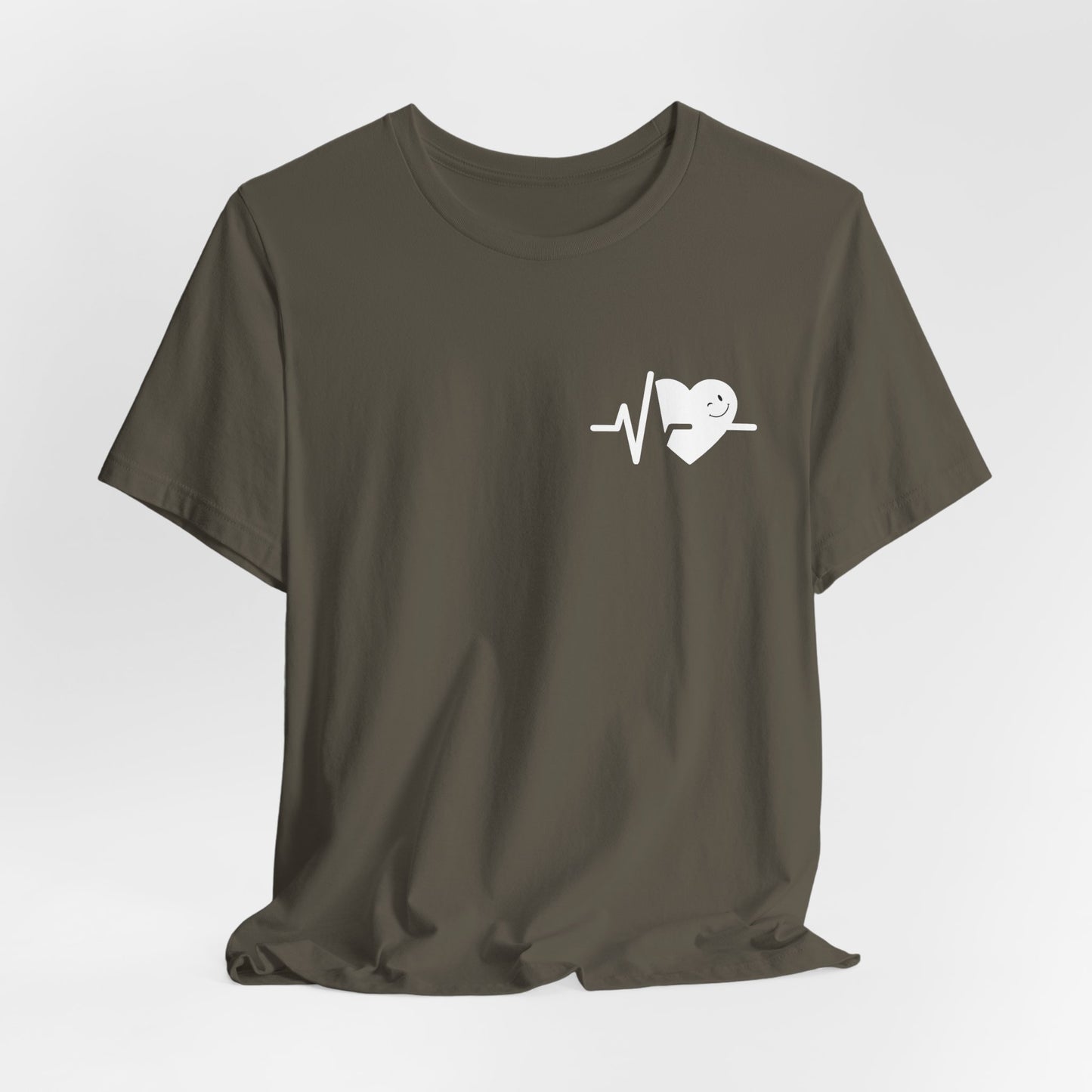 Brown t-shirt with a heart and pulse line design on a light gray background