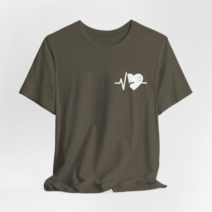 Brown t-shirt with a heart and pulse line design on a light gray background