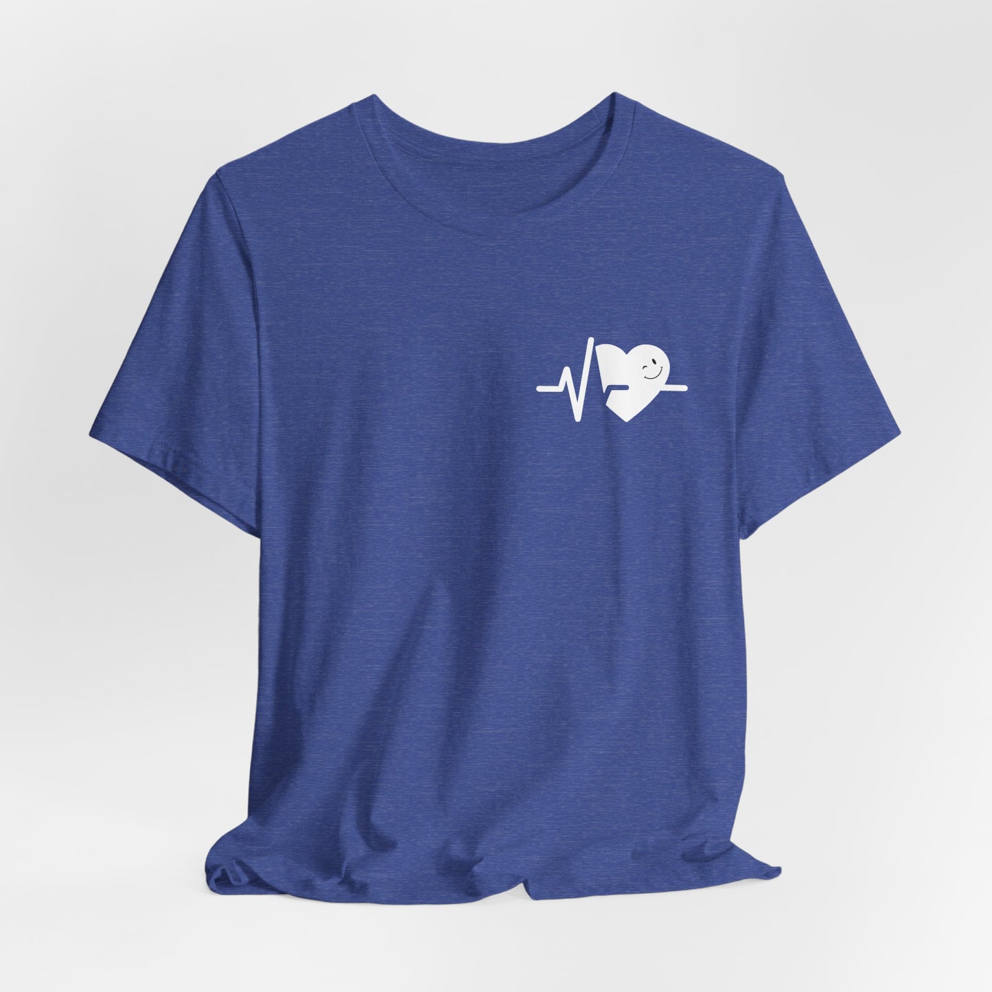 Blue t-shirt with a white heart and heartbeat line design on a light gray background