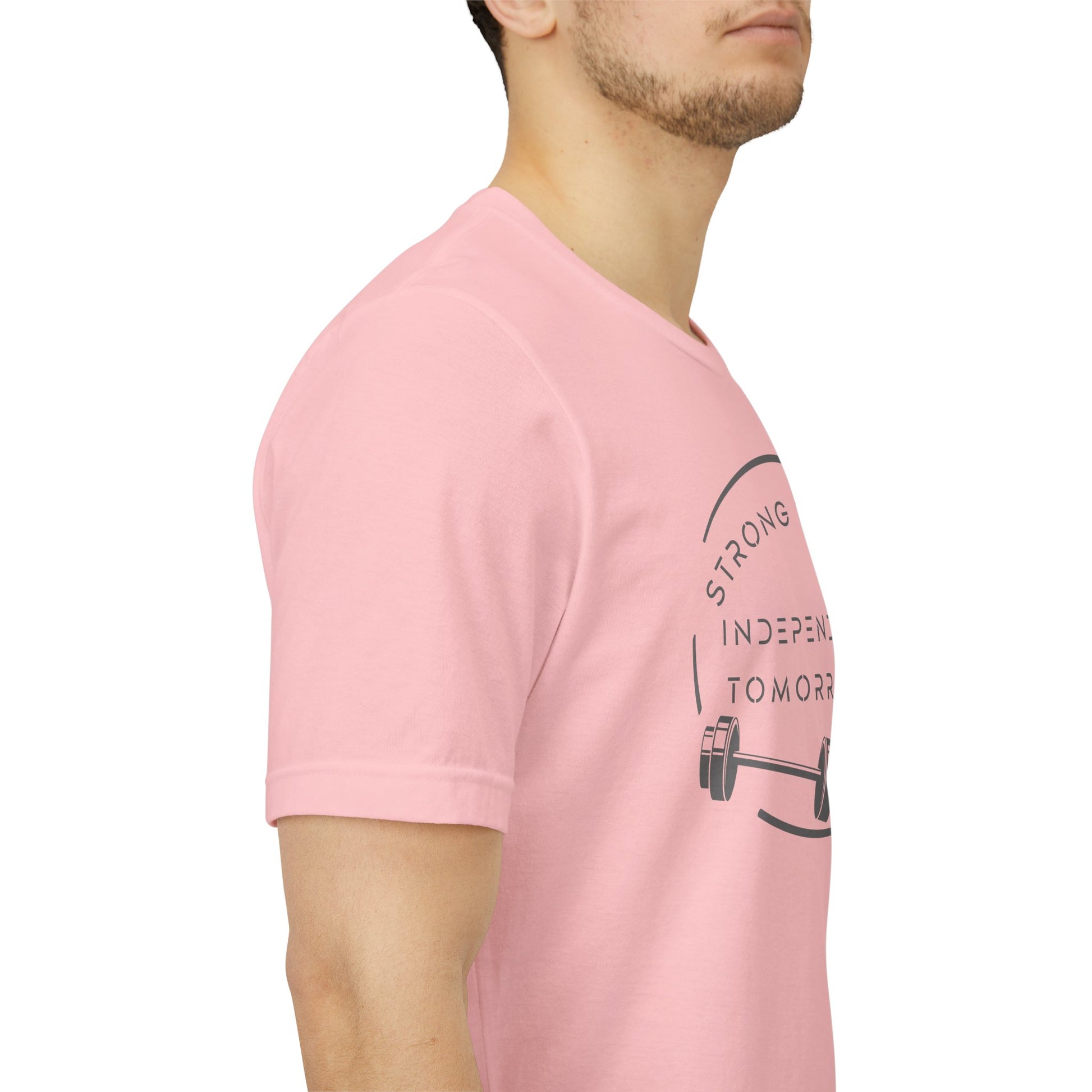 Strong Today, Independent Tomorrow empowerment tee in pink - male model side view