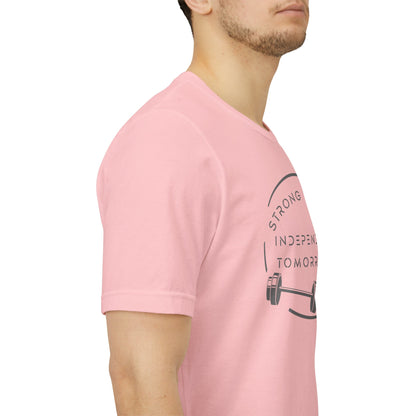 Strong Today, Independent Tomorrow empowerment tee in pink - male model side view