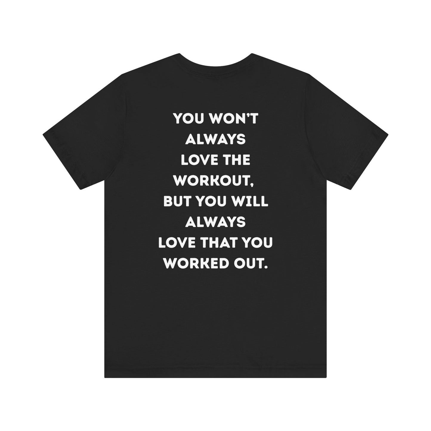 Black t-shirt with motivational quote on the back against a white background