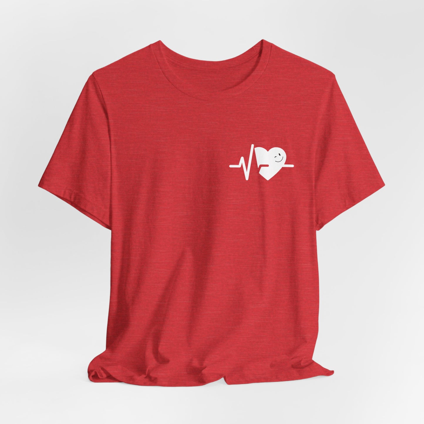 Red t-shirt with a white heart and pulse line design on a light gray background