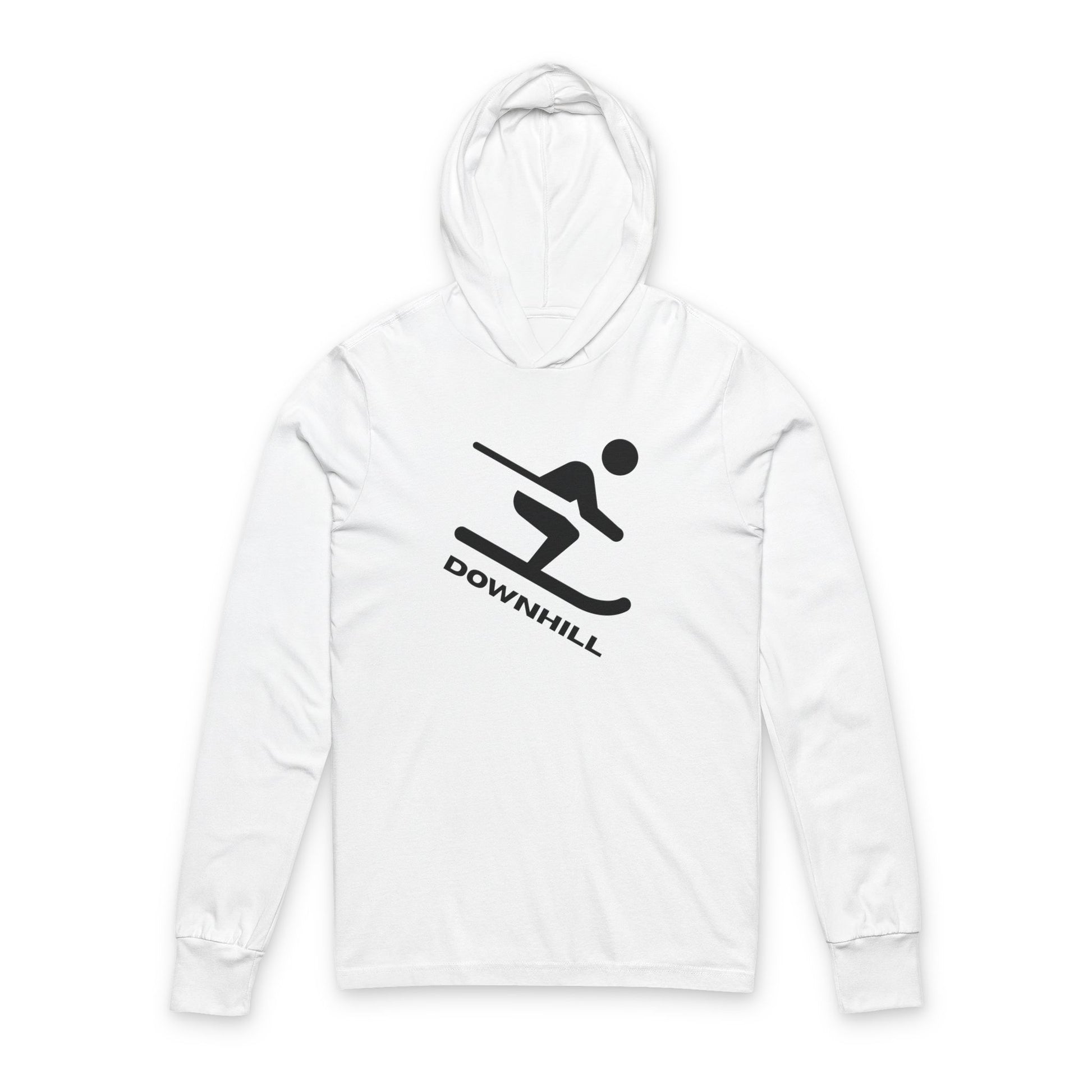 Downhill Ski Hooded Long Sleeve Tee in white - vintage skier graphic - front view