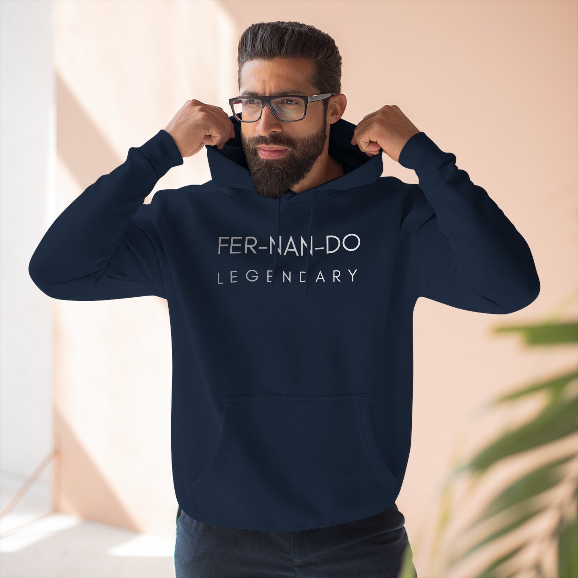 Fernando Legendary navy fleece hoodie worn by male model - front view