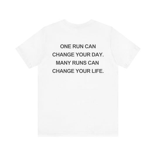 White t-shirt with motivational text on a white background