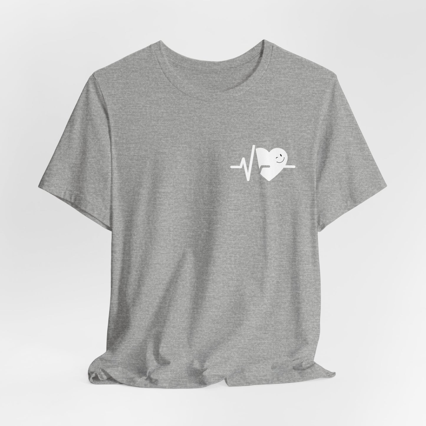 Gray t-shirt with a heart and pulse line design on a light gray background