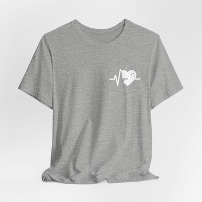 Gray t-shirt with a heart and pulse line design on a light gray background