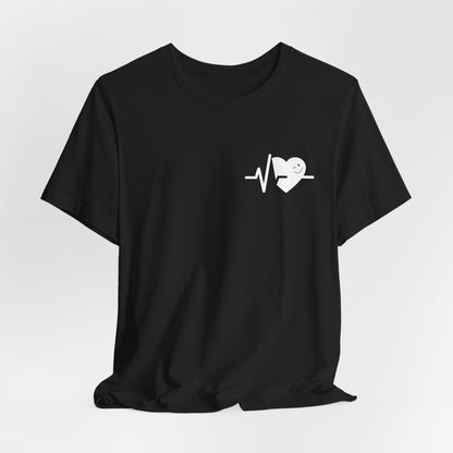 Black t-shirt with a white heart and line design on a light gray background
