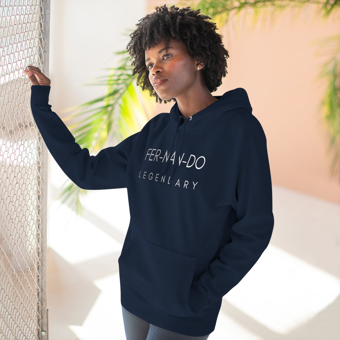 Fernando Legendary navy fleece hoodie worn by female model - front view
