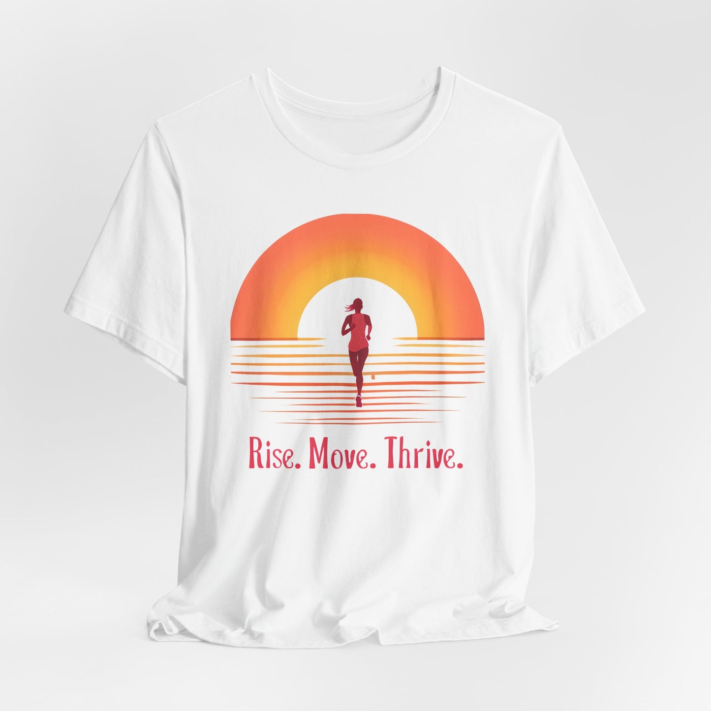 White t-shirt with a graphic of a sun, silhouette of a person running, and text 'Rise. Move. Thrive.' on a white background.