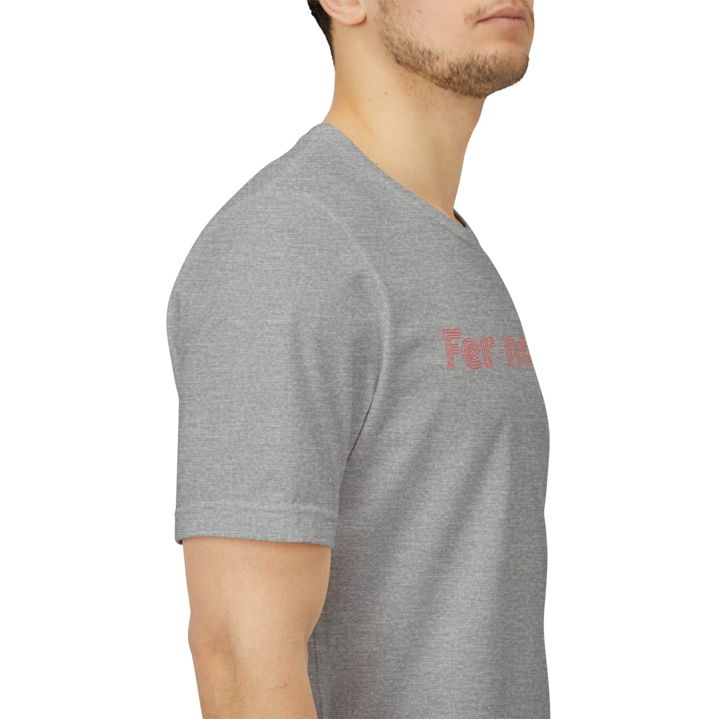Fernando Legendary gray t-shirt with red graphic worn by male model - side view
