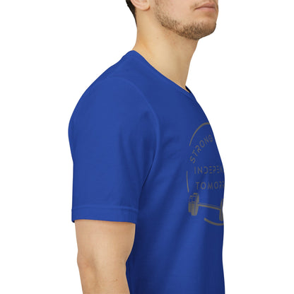 Strong Today, Independent Tomorrow empowerment tee in blue male model - side view