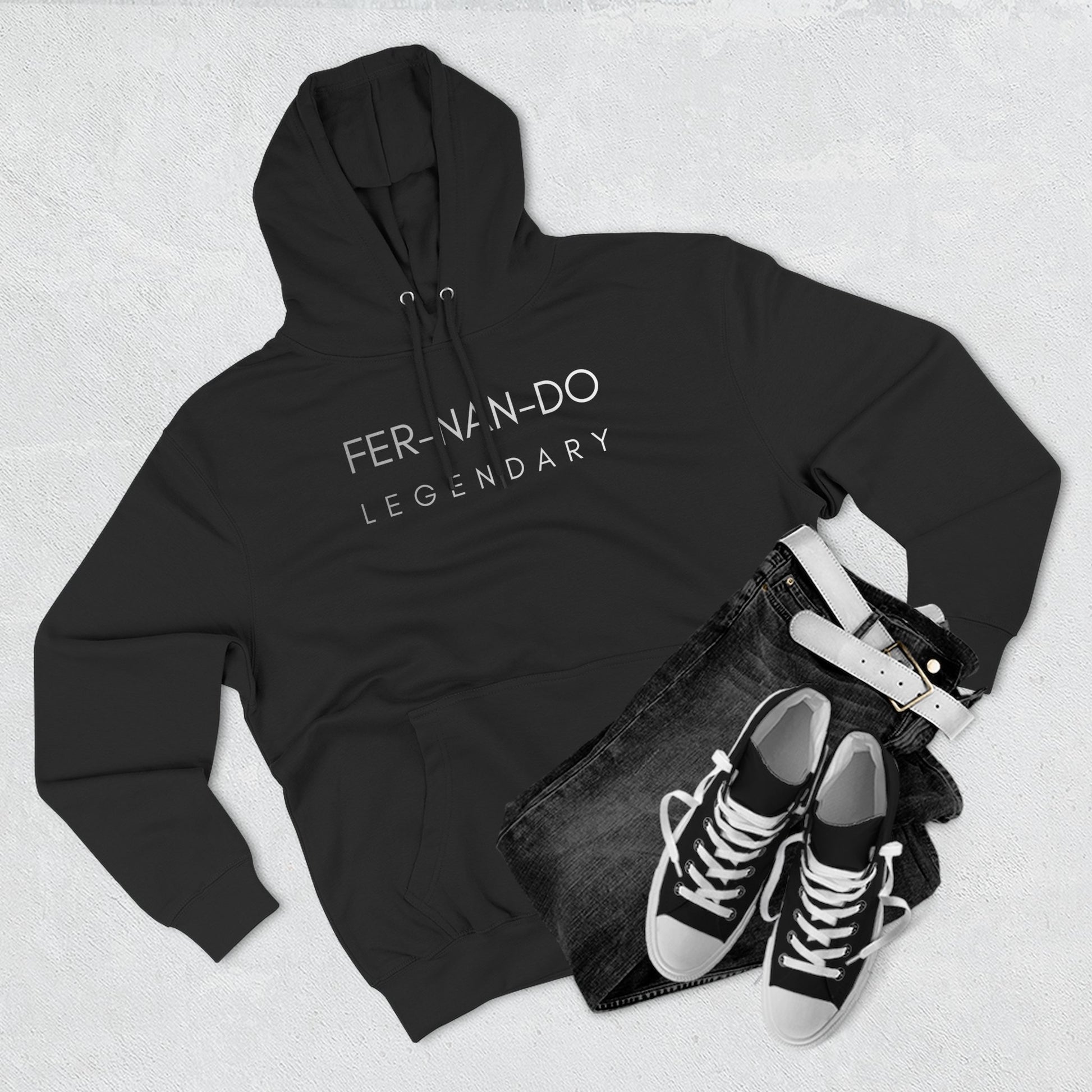 Fernando Legendary black fleece hoodie - styled outfit with jeans and sneakers
