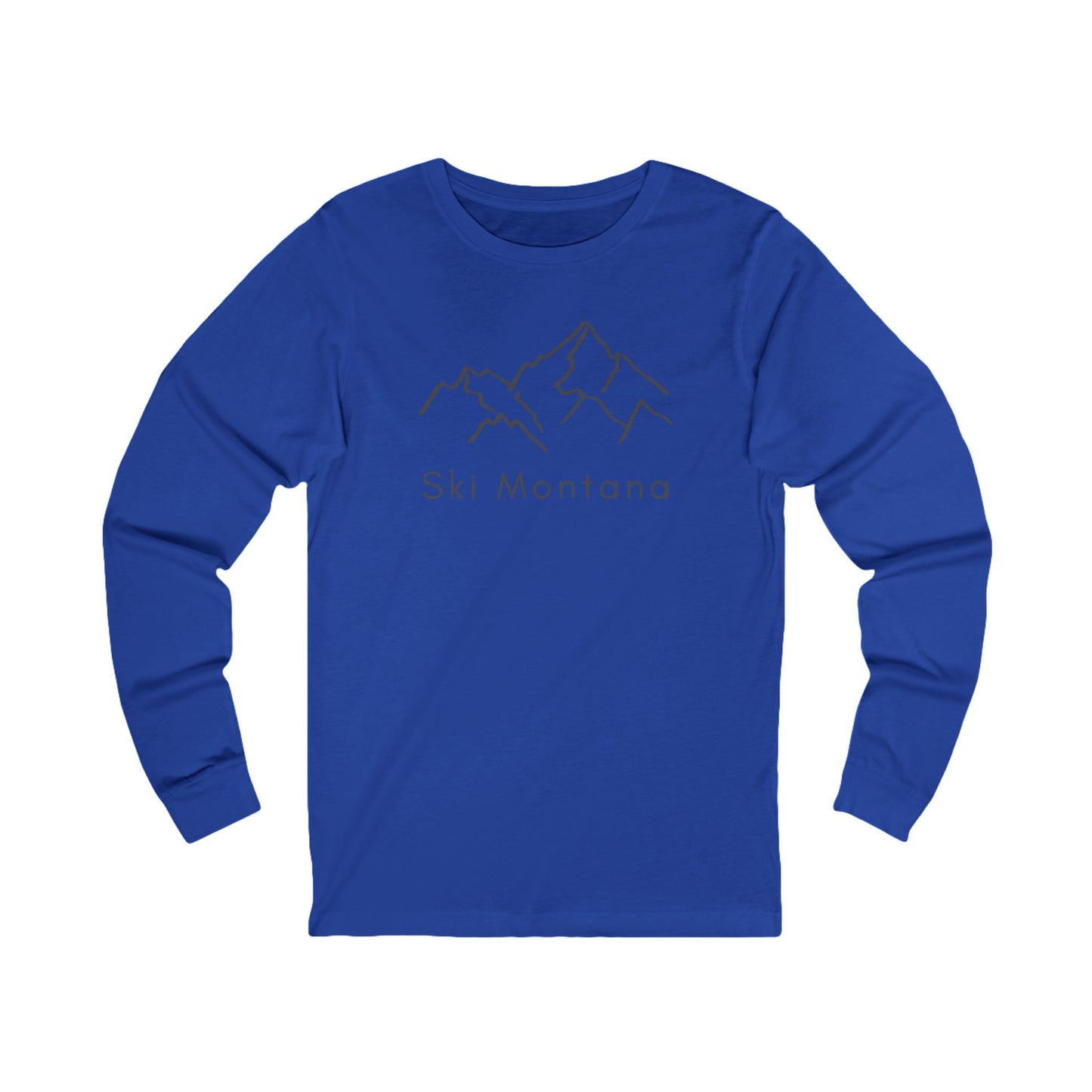 Ski Montana with mountains long-sleeve tee in blue- front view