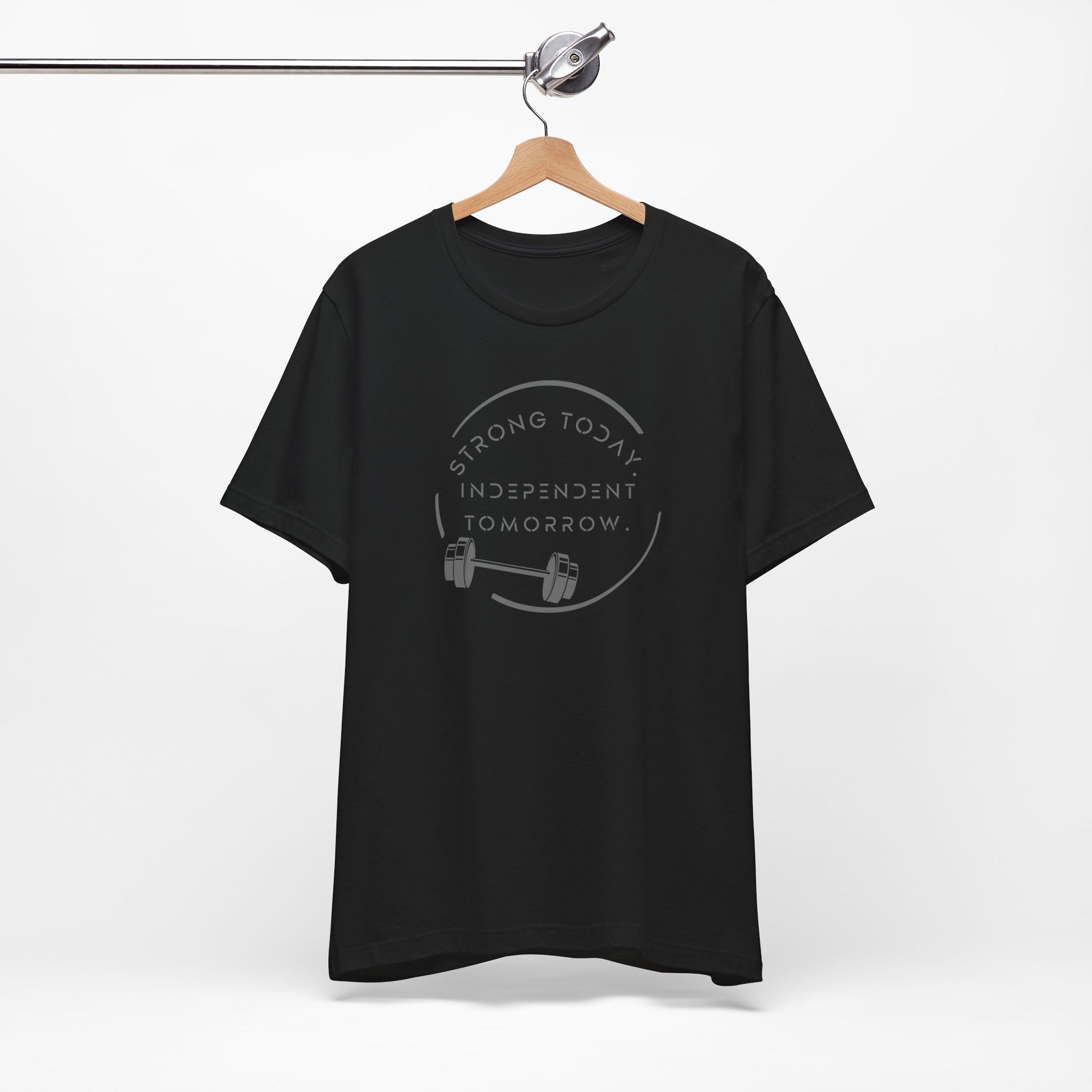 Strong Today, Independent Tomorrow empowerment tee in black - hanger view