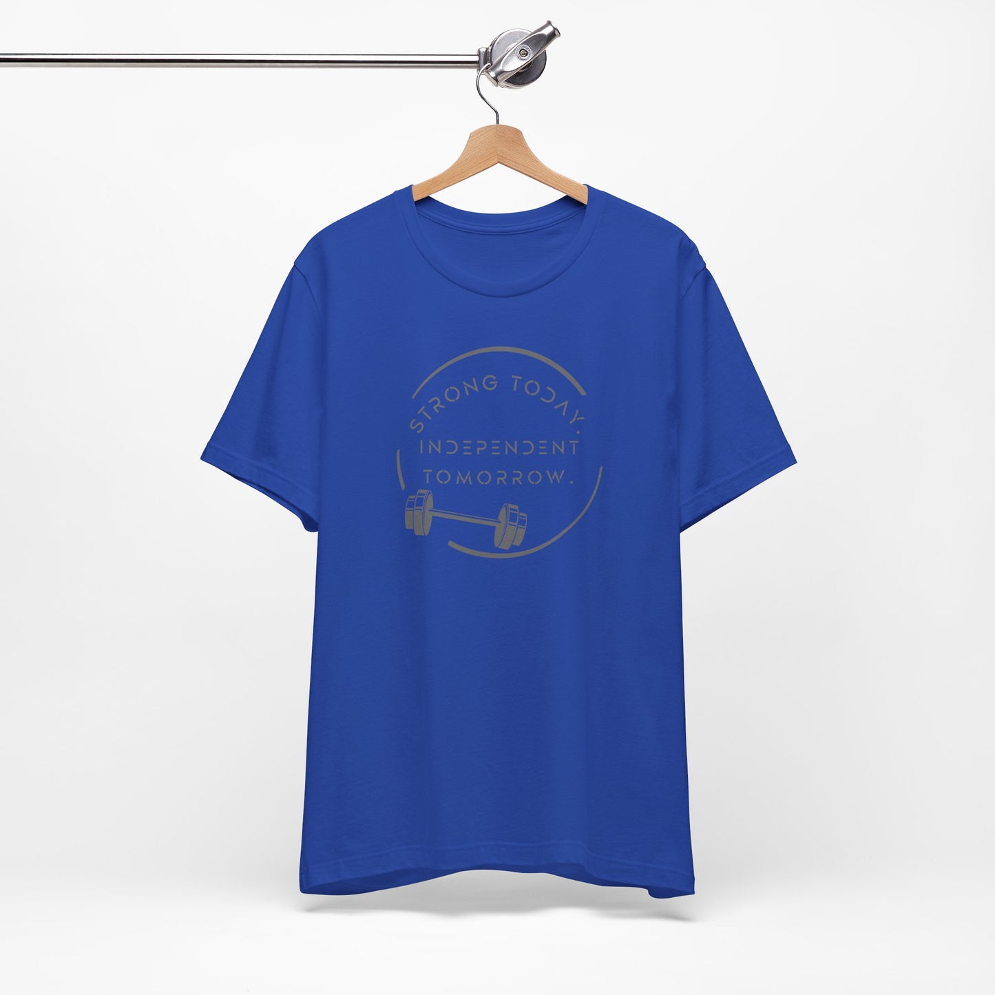 Strong Today, Independent Tomorrow empowerment tee in blue - hanger view