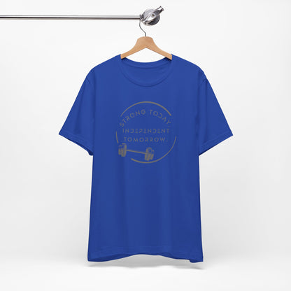 Strong Today, Independent Tomorrow empowerment tee in blue - hanger view