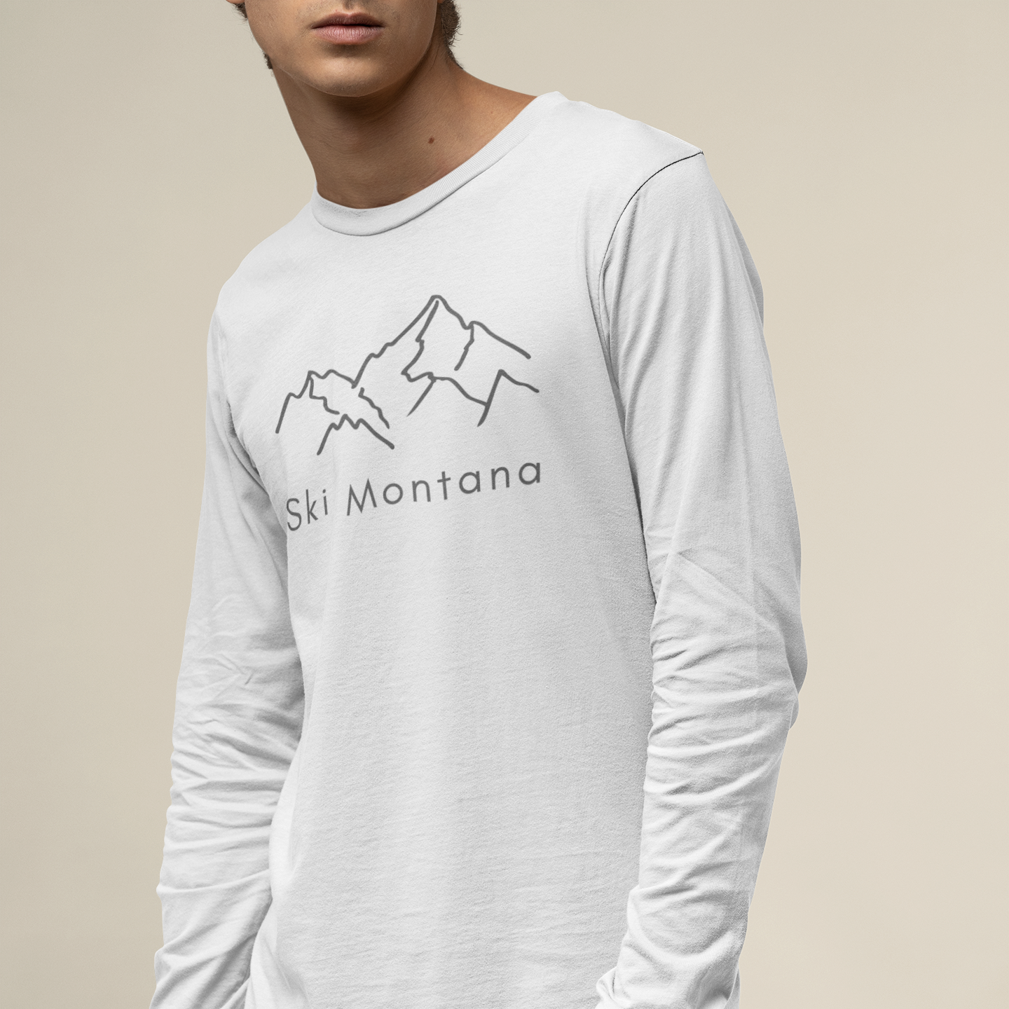 Ski Montana long-sleeve tee in white worn by male model - front view